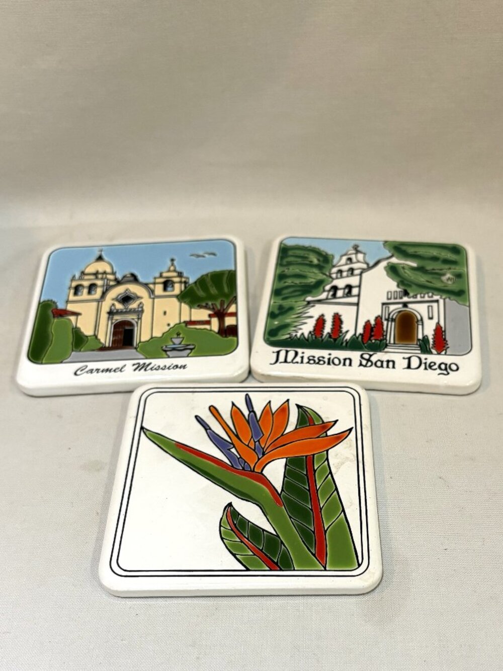 Set of 3 VTG Ceramic Coasters California Mission San Diego Carmel Mission